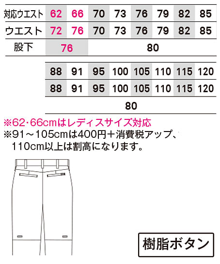 【全4色】ノータックパンツ（ストレッチ・制電・男女兼用） サイズ詳細