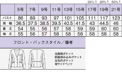 【全2色】ノーカラージャケット（ストレッチ・抗菌裏地） サイズ詳細
