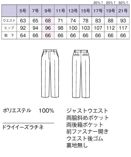 【全２色】テーパードパンツ（ストレッチ・防汚加工・66㎝丈） サイズ詳細