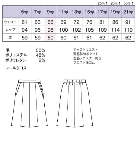【全2色】フレアスカート(ロング丈・ストレッチ・静電気防止・家庭洗濯OK・部分ゴム・9号/60cm) サイズ詳細