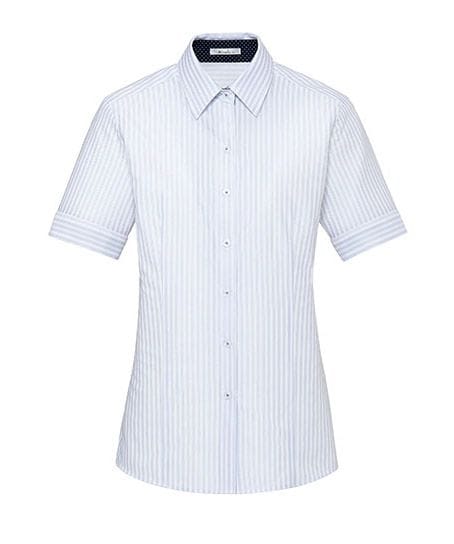 【全3色】半袖ストライプニットブラウス（ストレッチ/アイロン不要）