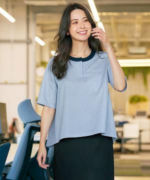 事務服・会社制服の通販の【ユニデポ 事務服】【全2色】ノーカラーポロシャツ（ニット・高通気・吸汗速乾・通気度139.4㏄）