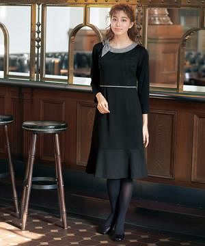事務服・会社制服の通販の【ユニデポ 事務服】【MARY QUANT】全1色・ワンピース（八分袖・ニット・防シワ・吸汗速乾・抗ウイルス・抗菌防臭）