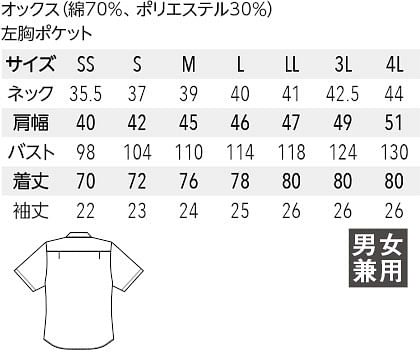 【全5色】華やかボタンダウンシャツ（半袖・兼用） サイズ詳細