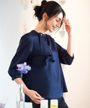 事務服・会社制服の通販の【ユニデポ 事務服】【全3色】スタンドブル（七分袖・透け防止・ストレッチ）