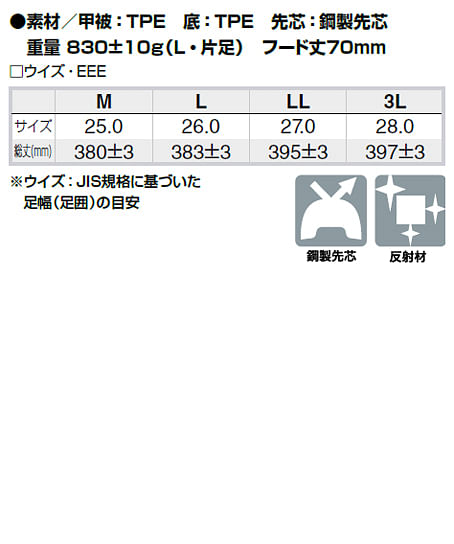 【全2色】先芯入りTPE長靴（鋼製先芯・反射財） サイズ詳細