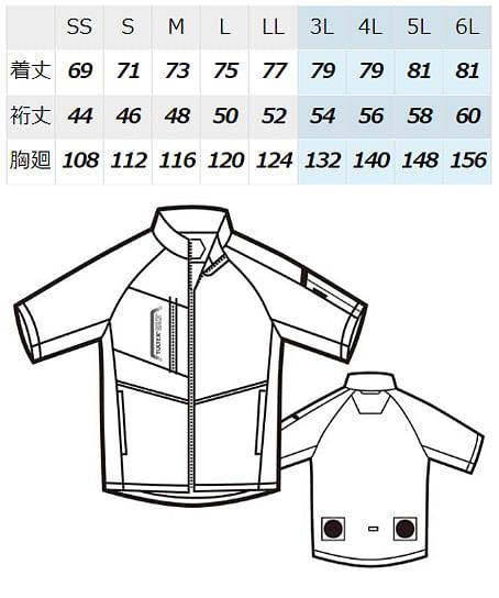 【空調服】半袖ジャケット（軽量・撥水・男女兼用）（単品） サイズ詳細