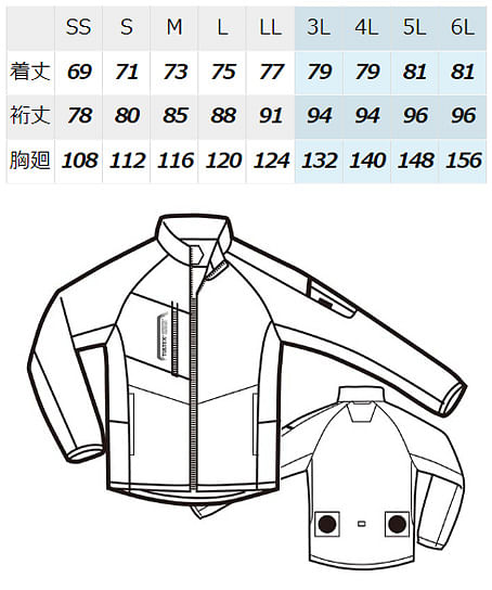 【空調服】長袖ジャケット（軽量・撥水・男女兼用）（単品） サイズ詳細