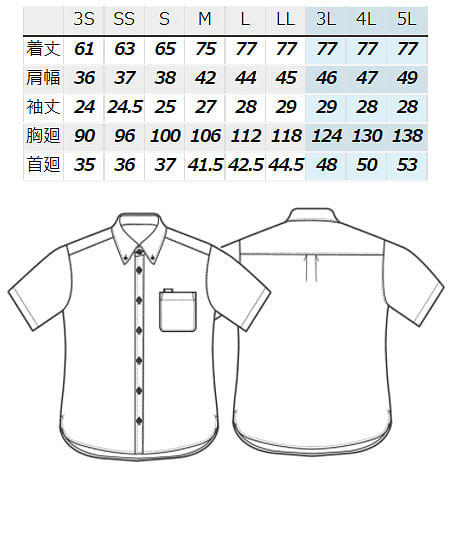【全4色】半袖ボタンダウンシャツ（吸水性・通気性・防汚加工） サイズ詳細