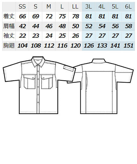 【全3色】ドルフィンカット半袖シャツ（帯電防止/男女兼用） サイズ詳細