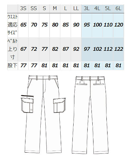 【AZITO アジト】全5色・ノータックカーゴパンツ（男女兼用) サイズ詳細