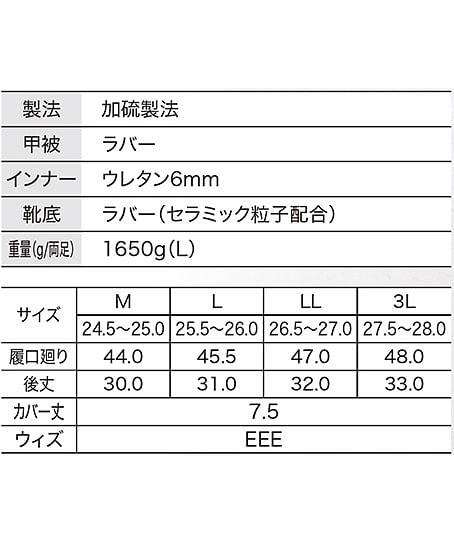 【全2色】防寒長靴（先芯なし・セラミック配合底・防寒裏布） サイズ詳細