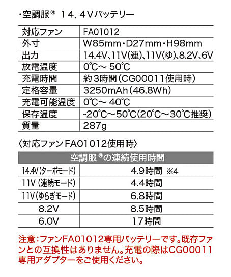 【空調服】14.4Vバッテリー・ワンタックファンスターターキット（2022年型）