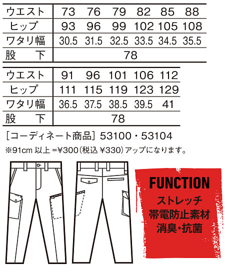 【全3色】Jawin　ストレッチノータックカーゴパンツ（帯電防止・メンズ） サイズ詳細