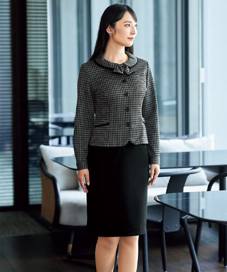 【全1色】長袖オーバーブラウス(リボン付・千鳥チェック柄)