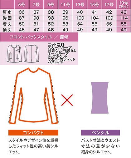 ノーカラージャケット（Coco Knit Tweed/春夏用/通気度260cc） サイズ詳細