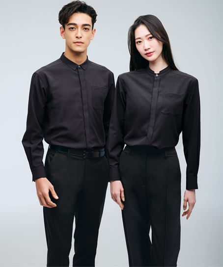 【全２色】ユニセックススタンドカラーシャツ（長袖・ストレッチ・吸汗速乾）