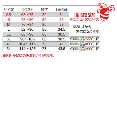 【BURTLE】全5色　バートル 　パンツ(ストレッチ・制電・男女兼用) サイズ詳細