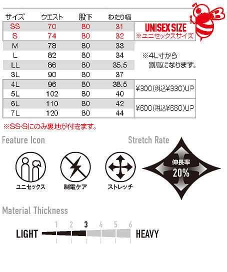 【BURTLE】全4色・カーゴパンツ（制電・ストレッチ・男女兼用） サイズ詳細