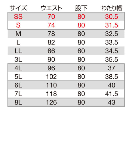 【BURTLE】全5色 バートル カーゴパンツ(ストレッチ・男女兼用) サイズ詳細