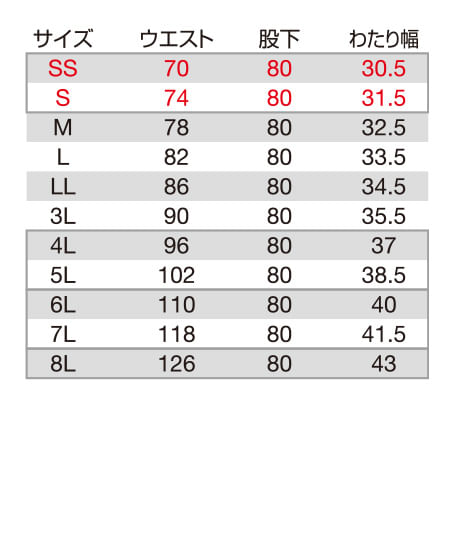 【BURTLE】全4色 バートル カーゴパンツ(ストレッチ・男女兼用) サイズ詳細