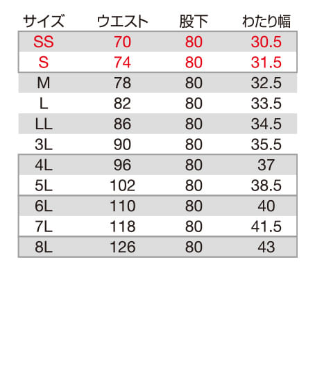 【BURTLE】全3色 バートル パンツ(ストレッチ・男女兼用) サイズ詳細