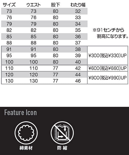 【BURTLE】全4色　バートル カーゴパンツ(綿100％・メンズ） サイズ詳細