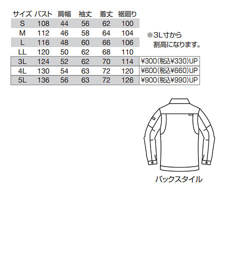 【BURTLE】全4色　バートル ジャケット(綿100％・メンズ） サイズ詳細