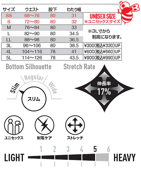 【BURTLE】全5色　バートルパンツ(ストレッチ・男女兼用) サイズ詳細