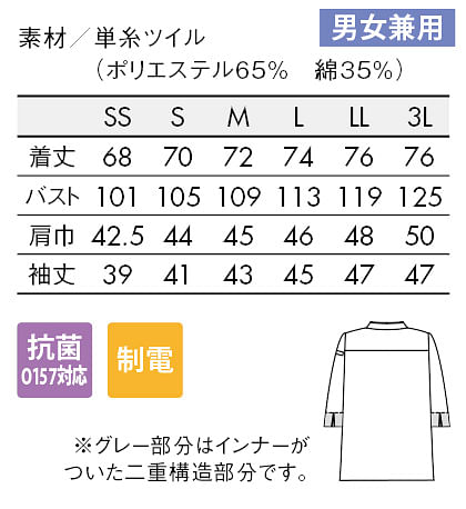 【全4色】七分袖コックコート（袖口ネッ・男女兼用） サイズ詳細