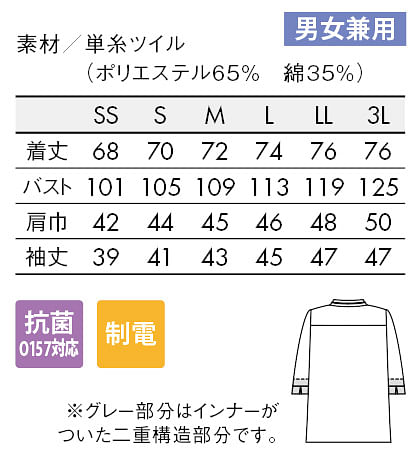 【全2色】7分袖コックコート（袖口ネット・男女兼用） サイズ詳細