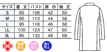 シングルドクターコート白衣（制菌・帯電防止・防汚・透け防止・メンズ） サイズ詳細