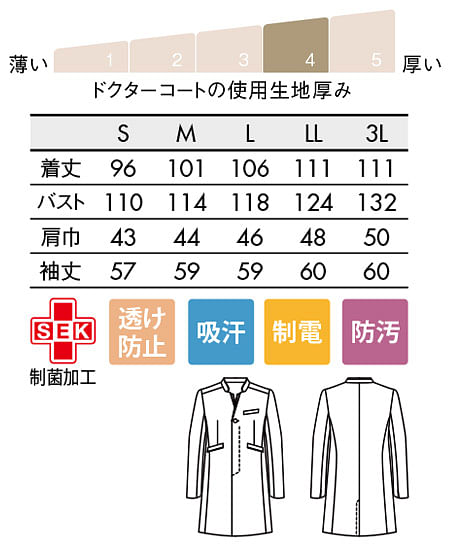 長袖シングルドクターコート（制菌・制電・透け防止・防汚・吸汗・メンズ） サイズ詳細