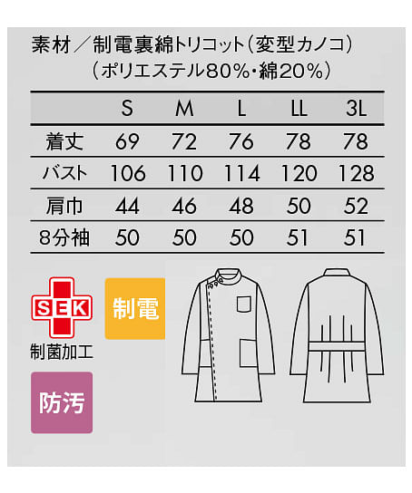 【全4色】8分袖ケーシー 白衣（制菌・制電・防汚・メンズ） サイズ詳細