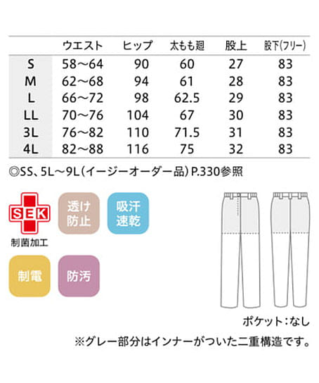 【全4色】ナースパンツ(ノータック・両脇ゴム・レディース・白) サイズ詳細