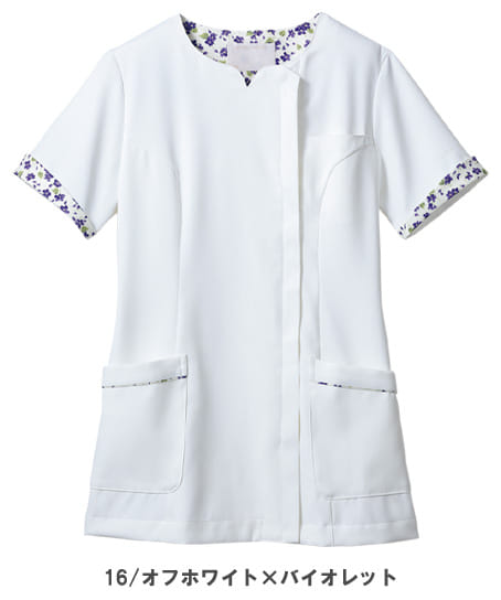 【LAURA ASHLEY】バイオレット柄半袖スクラブ（制菌・透け防止・吸汗・制電・防汚・レディース）