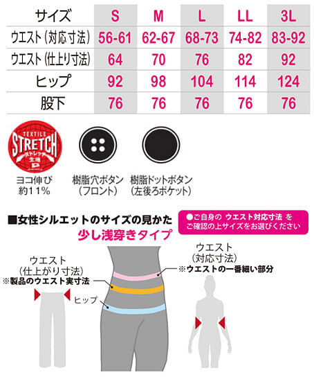 【全4色】レディーススラックス（伸長率11％・帯電防止・消臭・ストレッチ） サイズ詳細