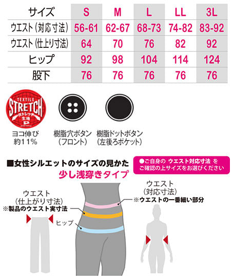【全4色】レディースカーゴパンツ（伸長率11％・帯電防止・消臭・ストレッチ） サイズ詳細