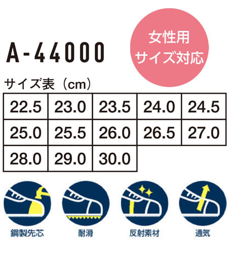 【全10色】プロスニーカー（JSAA A種認定・鋼製先芯・耐滑・反射素材・通気・男女兼用） サイズ詳細