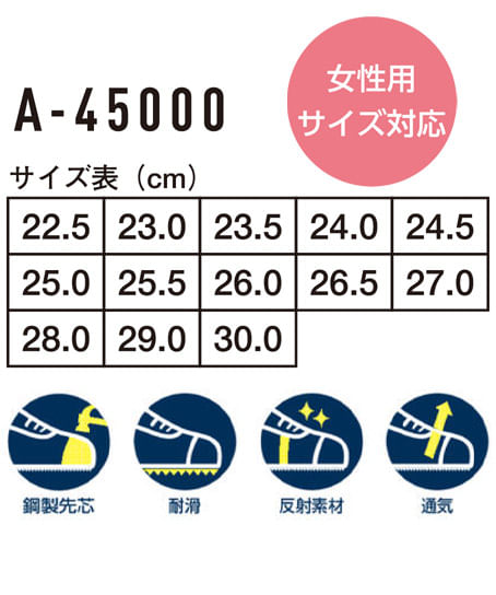 【全10色】プロスニーカー（JSAA A種認定・鋼製先芯・耐滑・反射素材・通気） サイズ詳細