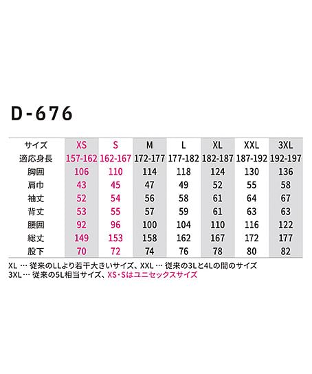 【Dickies】ディッキーズ・全9色・T/Cストレッチツナギ（UVカット・逆開ファスナー・ストレッチ・男女兼用） サイズ詳細