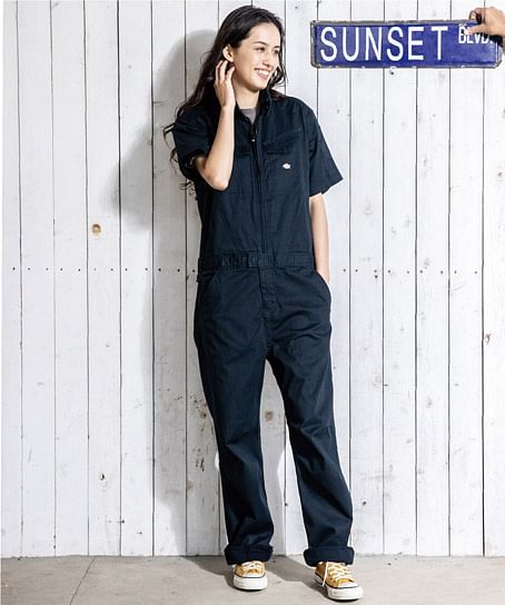 【Dickies】ディッキーズ・全3色・ストレッチヘリンボーン半袖ツナギ（衿ワイヤー・逆開ファスナー・ウエストアジャスター・ストレッチ・男女兼用）