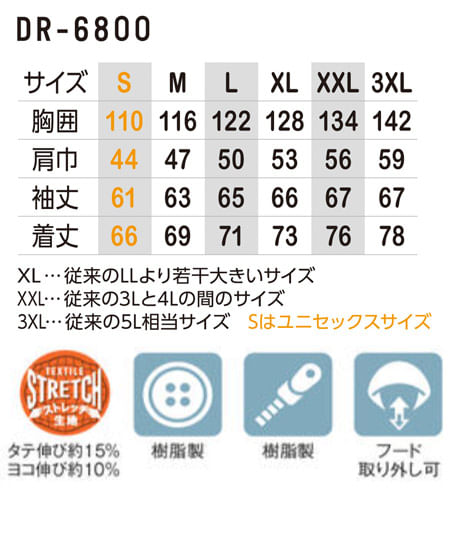 【全4色】ストレッチ透湿防水防寒ジャケット（ストレッチ・反射・透湿防水・撥水加工・UVカット・防風・保温） サイズ詳細