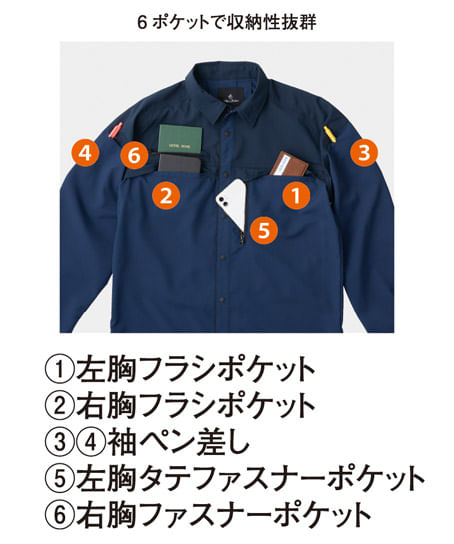 【全5色】エコ・ストレッチ長袖シャツ（帯電防止規格合格・エコマーク・ストレッチ・反射素材・UVカット）