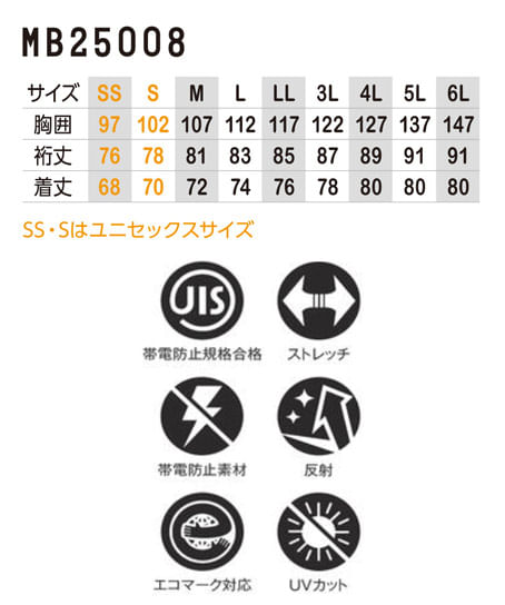 【全5色】エコ・ストレッチ長袖シャツ（帯電防止規格合格・エコマーク・ストレッチ・反射素材・UVカット） サイズ詳細