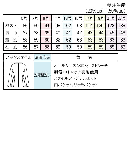 【全2色】ノーカラージャケット（ストレッチ・TioTio プレミアム加工） サイズ詳細