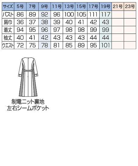 【全2色】ワンピース（制菌・透け防止・吸汗速乾・UVカット・ストレッチ・静電防止・エコ） サイズ詳細