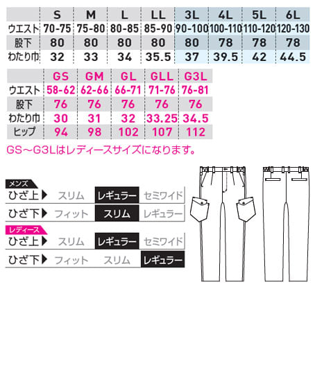 【全４色】カーゴパンツ（ワンタック・脇ゴム・ストレッチ・制電・エコ・男女兼用） サイズ詳細