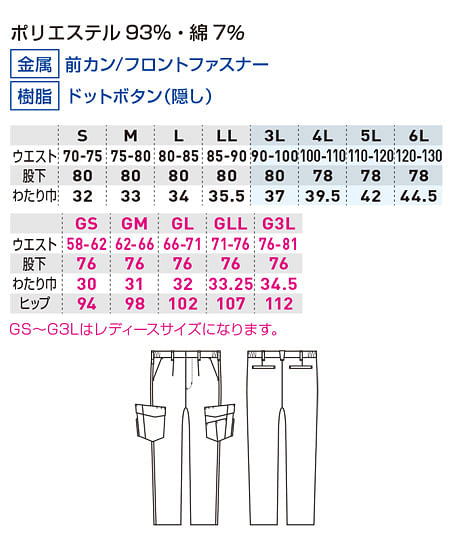 【全2色】カーゴパンツ（JIS制電規格適合・エコ素材・ワンタック・脇ゴム・男女兼用） サイズ詳細