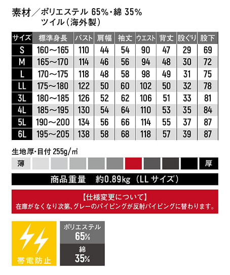 【全4色】楽珍袖Ⅱツナギ（帯電防止・S～6L） サイズ詳細